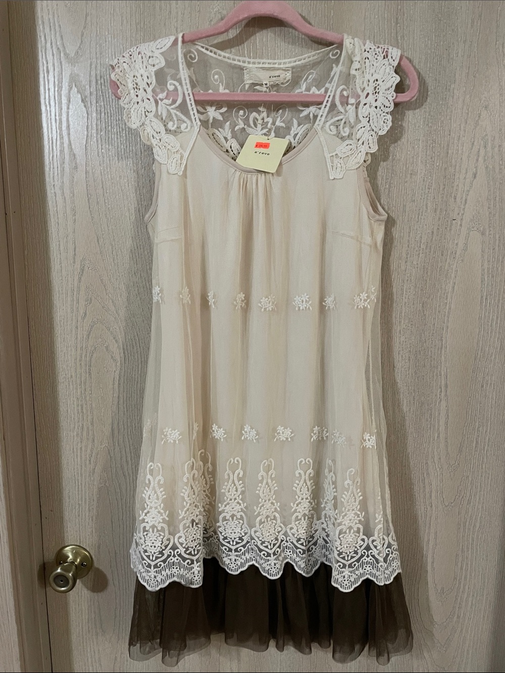 A'Reve Cream Lace Overlay Dress with Brown Tulle Hem